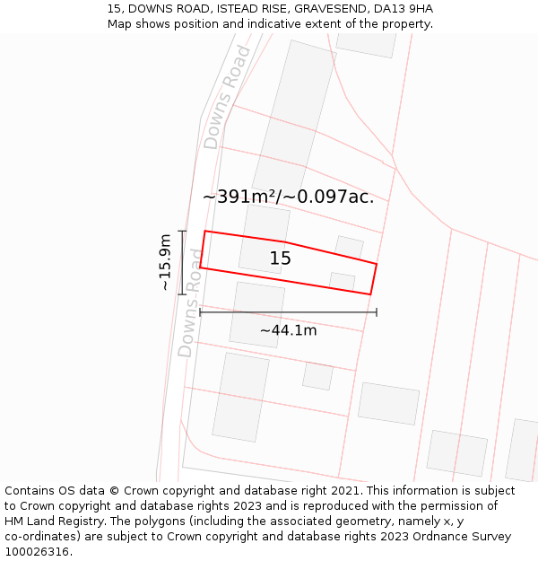 15, DOWNS ROAD, ISTEAD RISE, GRAVESEND, DA13 9HA: Plot and title map