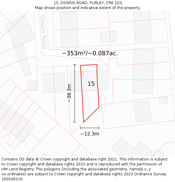 15, DOWNS ROAD, PURLEY, CR8 1DS: Plot and title map