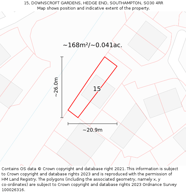 15, DOWNSCROFT GARDENS, HEDGE END, SOUTHAMPTON, SO30 4RR: Plot and title map