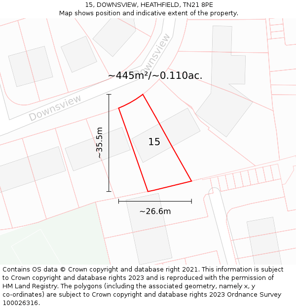 15, DOWNSVIEW, HEATHFIELD, TN21 8PE: Plot and title map