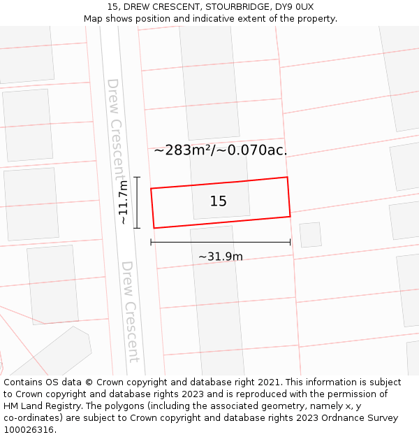 15, DREW CRESCENT, STOURBRIDGE, DY9 0UX: Plot and title map
