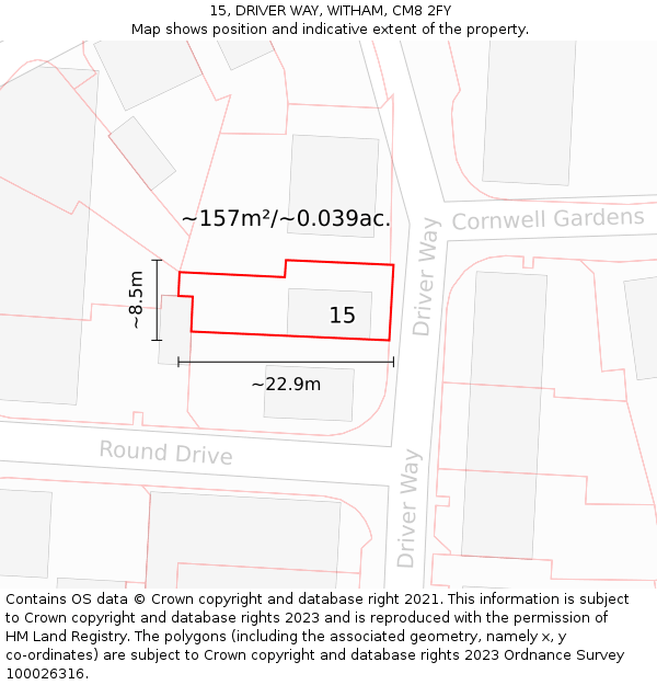 15, DRIVER WAY, WITHAM, CM8 2FY: Plot and title map