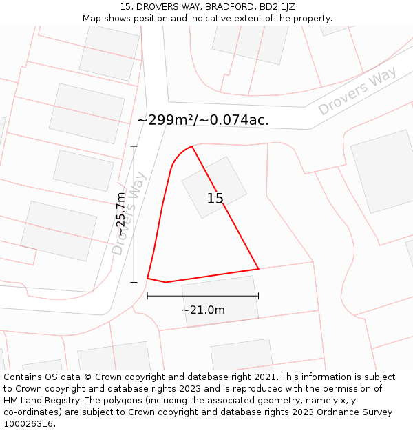15, DROVERS WAY, BRADFORD, BD2 1JZ: Plot and title map