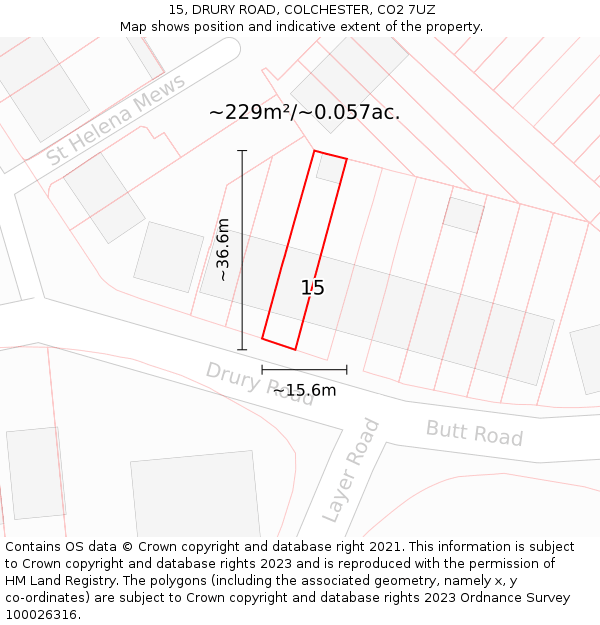 15, DRURY ROAD, COLCHESTER, CO2 7UZ: Plot and title map