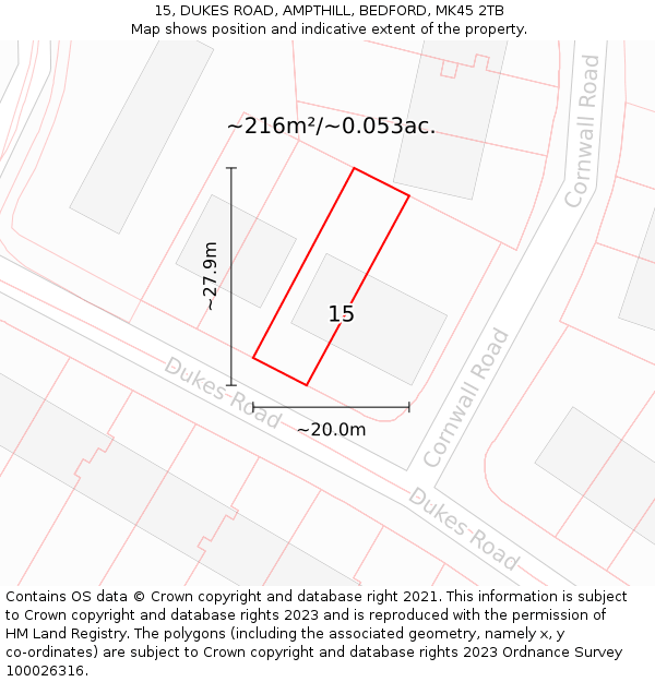 15, DUKES ROAD, AMPTHILL, BEDFORD, MK45 2TB: Plot and title map
