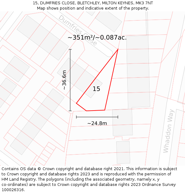 15, DUMFRIES CLOSE, BLETCHLEY, MILTON KEYNES, MK3 7NT: Plot and title map