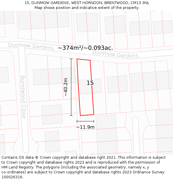 15, DUNMOW GARDENS, WEST HORNDON, BRENTWOOD, CM13 3NL: Plot and title map