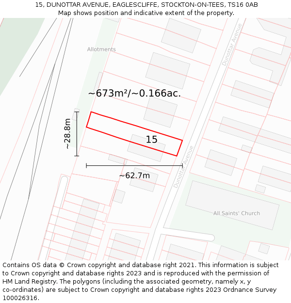 15, DUNOTTAR AVENUE, EAGLESCLIFFE, STOCKTON-ON-TEES, TS16 0AB: Plot and title map