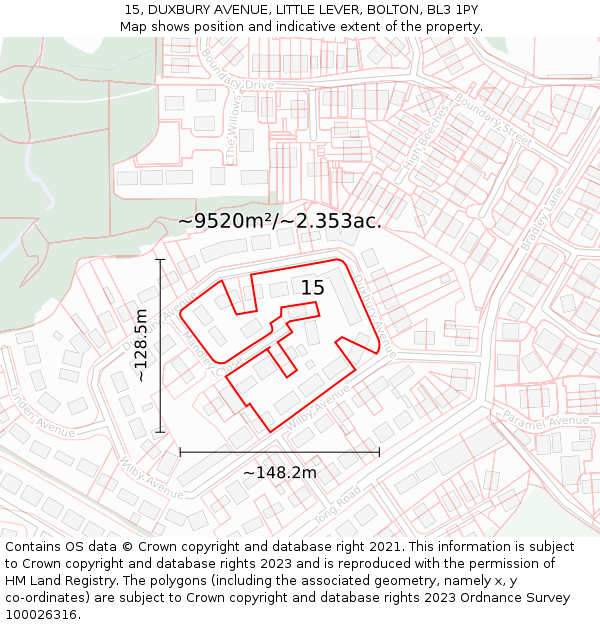 15, DUXBURY AVENUE, LITTLE LEVER, BOLTON, BL3 1PY: Plot and title map