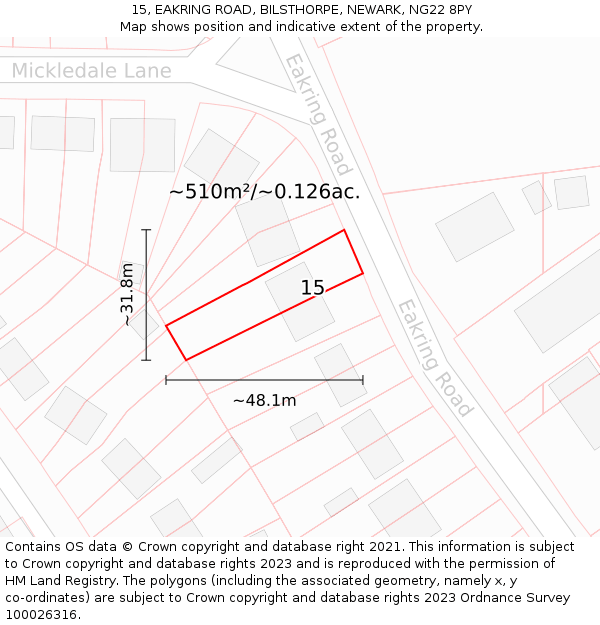 15, EAKRING ROAD, BILSTHORPE, NEWARK, NG22 8PY: Plot and title map