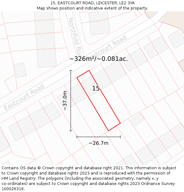 15, EASTCOURT ROAD, LEICESTER, LE2 3YA: Plot and title map