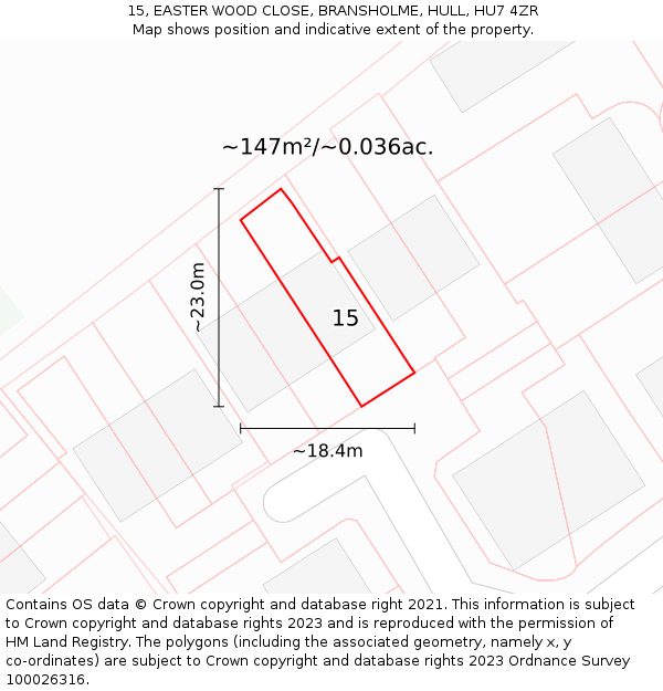 15, EASTER WOOD CLOSE, BRANSHOLME, HULL, HU7 4ZR: Plot and title map