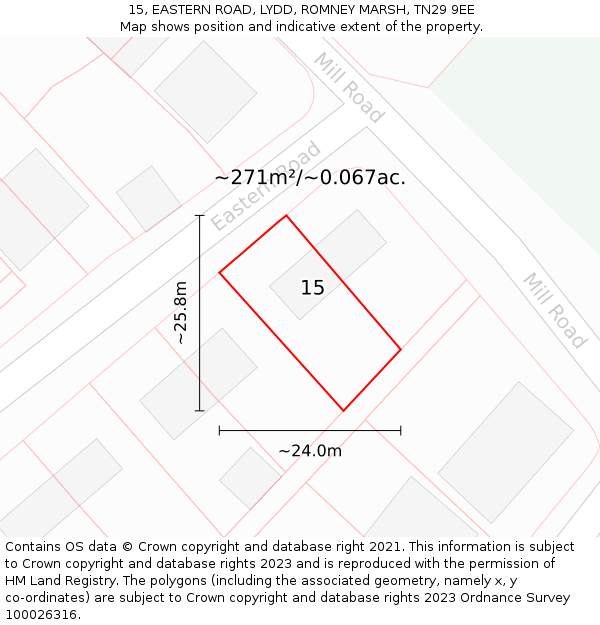 15, EASTERN ROAD, LYDD, ROMNEY MARSH, TN29 9EE: Plot and title map