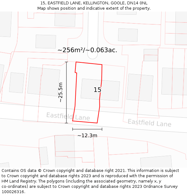 15, EASTFIELD LANE, KELLINGTON, GOOLE, DN14 0NL: Plot and title map