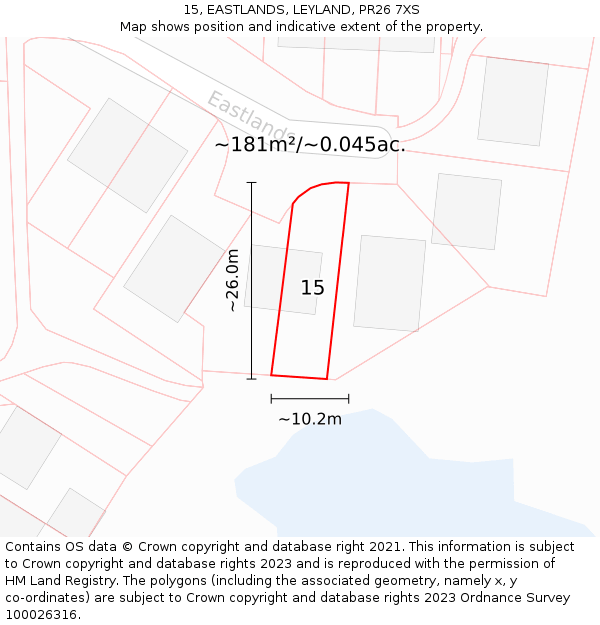 15, EASTLANDS, LEYLAND, PR26 7XS: Plot and title map