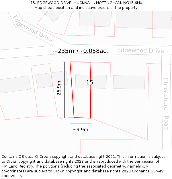 15, EDGEWOOD DRIVE, HUCKNALL, NOTTINGHAM, NG15 6HX: Plot and title map