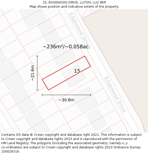 15, EDGEWOOD DRIVE, LUTON, LU2 8ER: Plot and title map