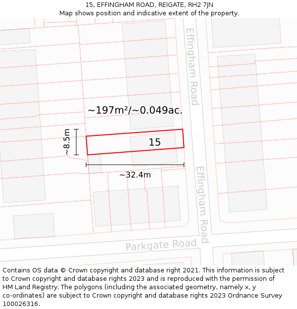 15, EFFINGHAM ROAD, REIGATE, RH2 7JN: Plot and title map