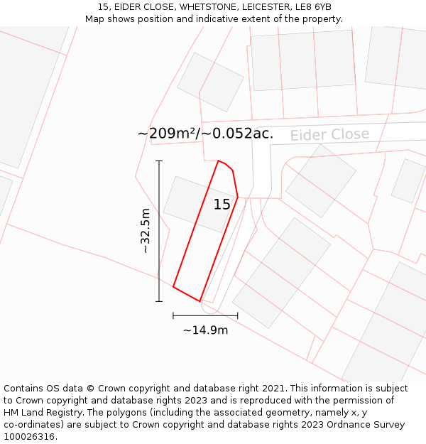 15, EIDER CLOSE, WHETSTONE, LEICESTER, LE8 6YB: Plot and title map