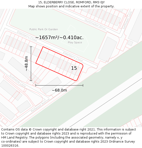 15, ELDERBERRY CLOSE, ROMFORD, RM3 0JY: Plot and title map