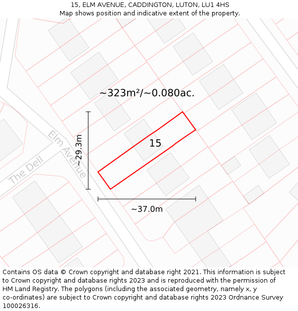 15, ELM AVENUE, CADDINGTON, LUTON, LU1 4HS: Plot and title map