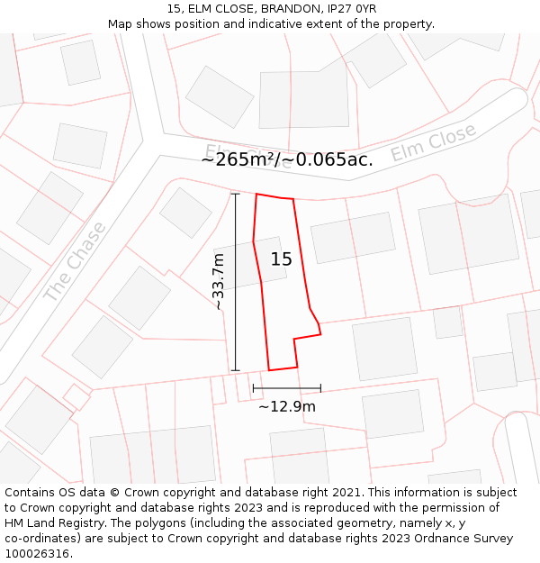 15, ELM CLOSE, BRANDON, IP27 0YR: Plot and title map