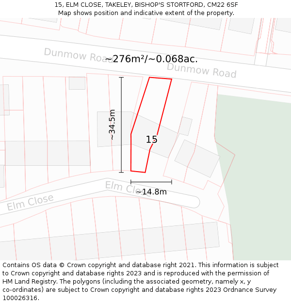 15, ELM CLOSE, TAKELEY, BISHOP'S STORTFORD, CM22 6SF: Plot and title map