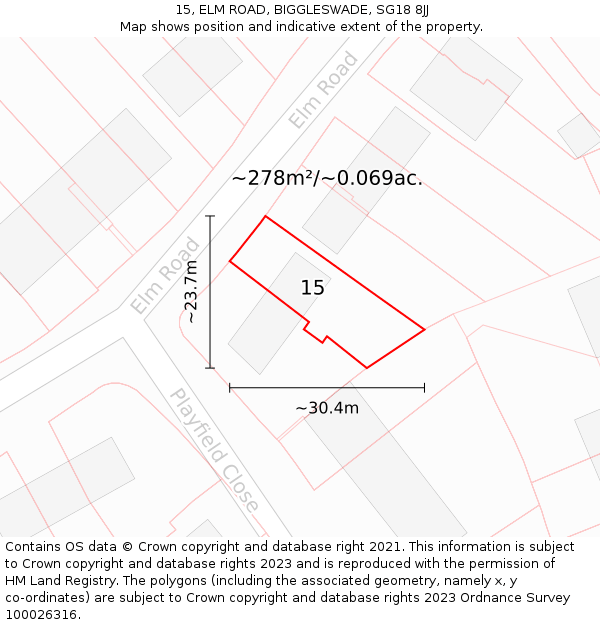 15, ELM ROAD, BIGGLESWADE, SG18 8JJ: Plot and title map