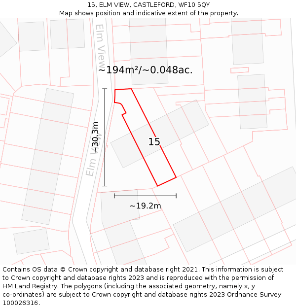 15, ELM VIEW, CASTLEFORD, WF10 5QY: Plot and title map