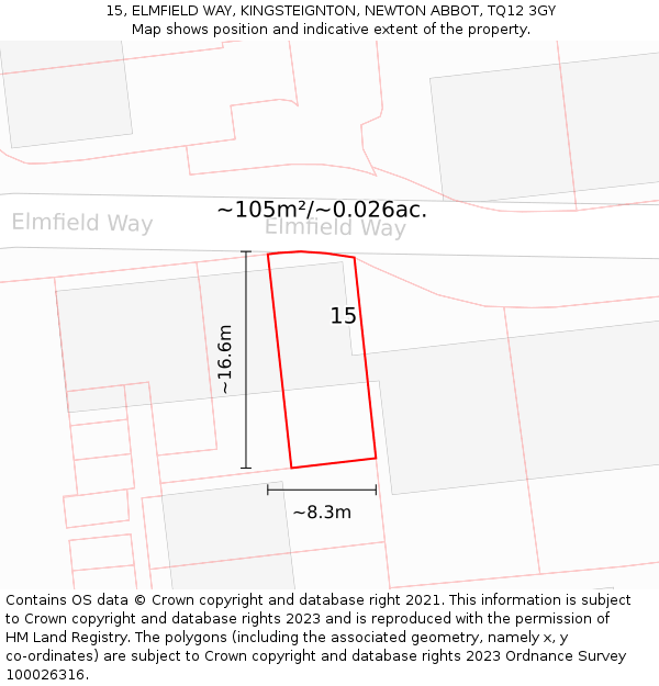 15, ELMFIELD WAY, KINGSTEIGNTON, NEWTON ABBOT, TQ12 3GY: Plot and title map