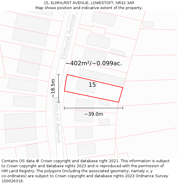 15, ELMHURST AVENUE, LOWESTOFT, NR32 3AR: Plot and title map