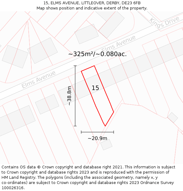 15, ELMS AVENUE, LITTLEOVER, DERBY, DE23 6FB: Plot and title map