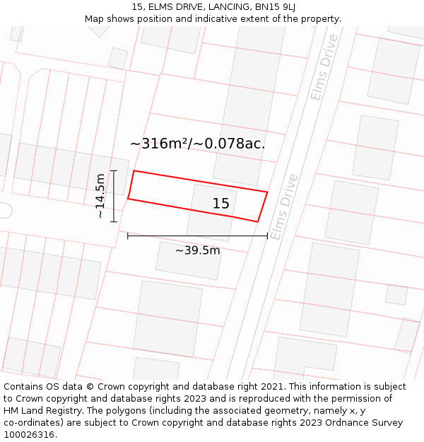 15, ELMS DRIVE, LANCING, BN15 9LJ: Plot and title map