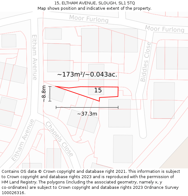 15, ELTHAM AVENUE, SLOUGH, SL1 5TQ: Plot and title map