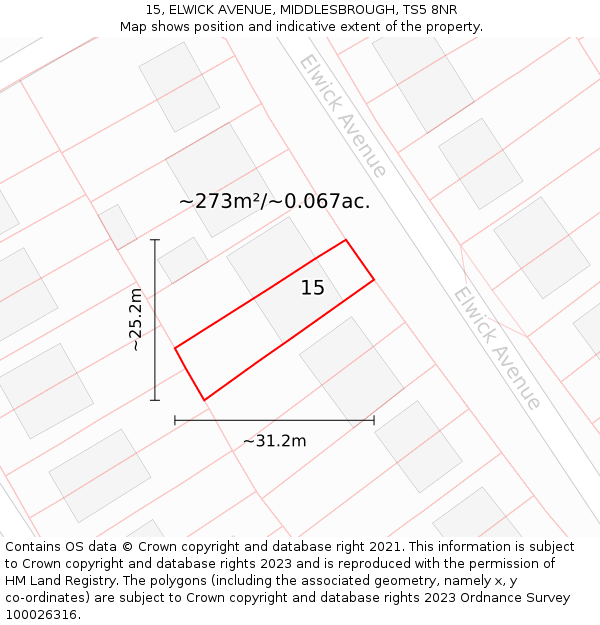 15, ELWICK AVENUE, MIDDLESBROUGH, TS5 8NR: Plot and title map