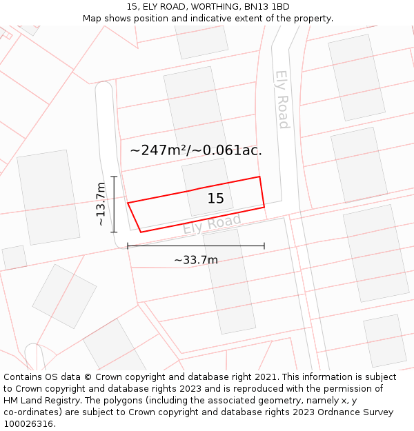 15, ELY ROAD, WORTHING, BN13 1BD: Plot and title map