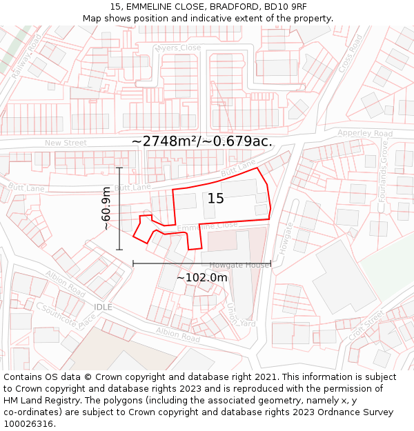 15, EMMELINE CLOSE, BRADFORD, BD10 9RF: Plot and title map