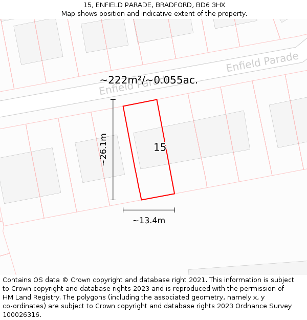 15, ENFIELD PARADE, BRADFORD, BD6 3HX: Plot and title map