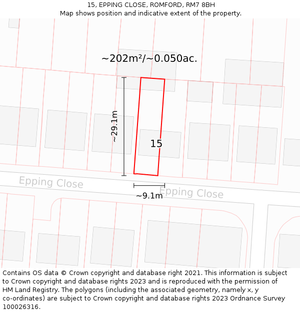 15, EPPING CLOSE, ROMFORD, RM7 8BH: Plot and title map