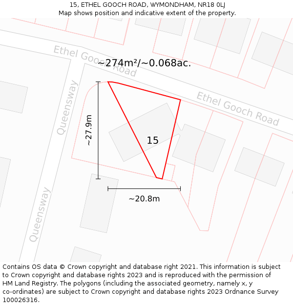 15, ETHEL GOOCH ROAD, WYMONDHAM, NR18 0LJ: Plot and title map