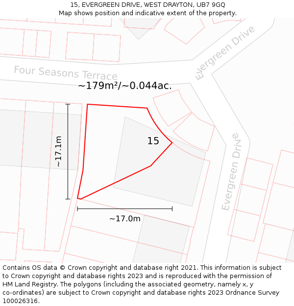 15, EVERGREEN DRIVE, WEST DRAYTON, UB7 9GQ: Plot and title map