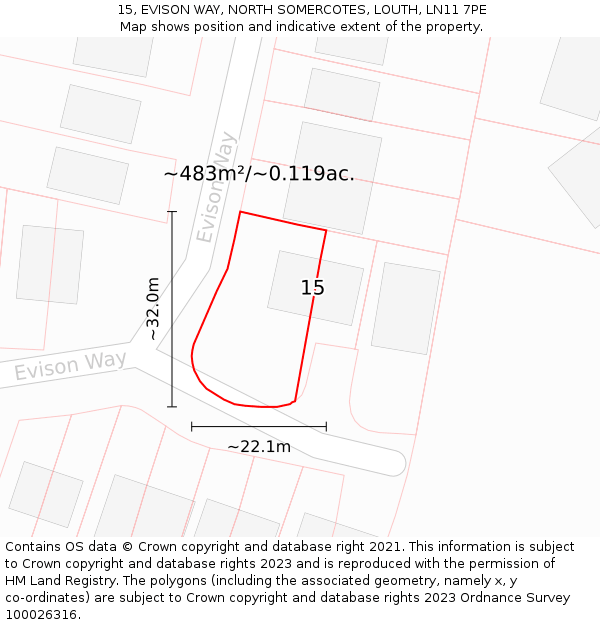 15, EVISON WAY, NORTH SOMERCOTES, LOUTH, LN11 7PE: Plot and title map