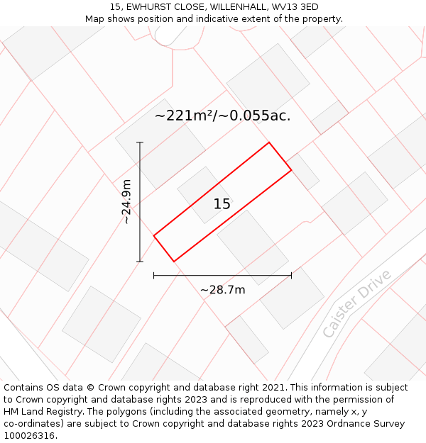 15, EWHURST CLOSE, WILLENHALL, WV13 3ED: Plot and title map
