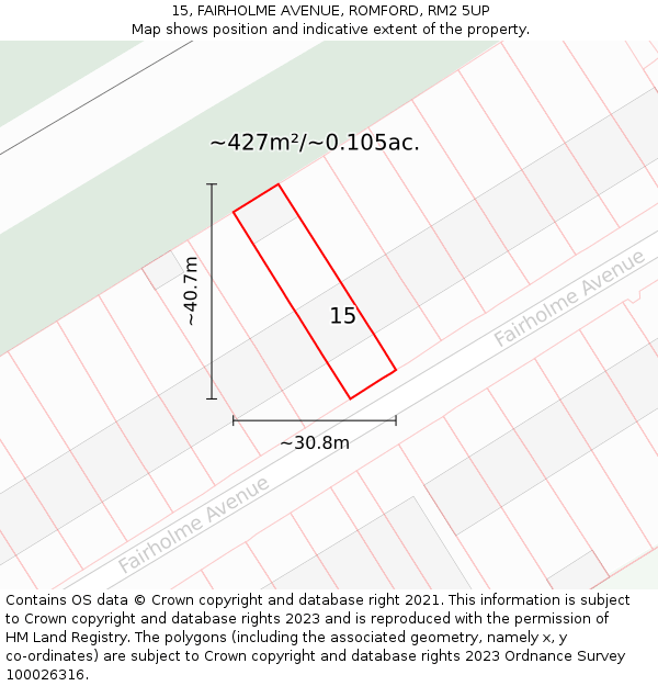 15, FAIRHOLME AVENUE, ROMFORD, RM2 5UP: Plot and title map