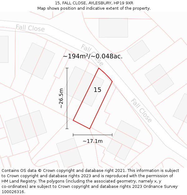 15, FALL CLOSE, AYLESBURY, HP19 9XR: Plot and title map