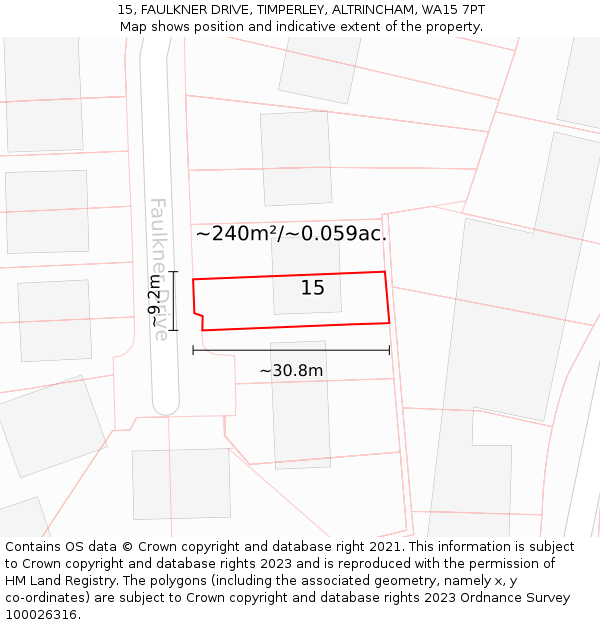 15, FAULKNER DRIVE, TIMPERLEY, ALTRINCHAM, WA15 7PT: Plot and title map