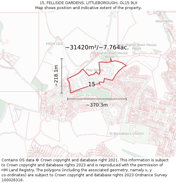 15, FELLSIDE GARDENS, LITTLEBOROUGH, OL15 9LX: Plot and title map