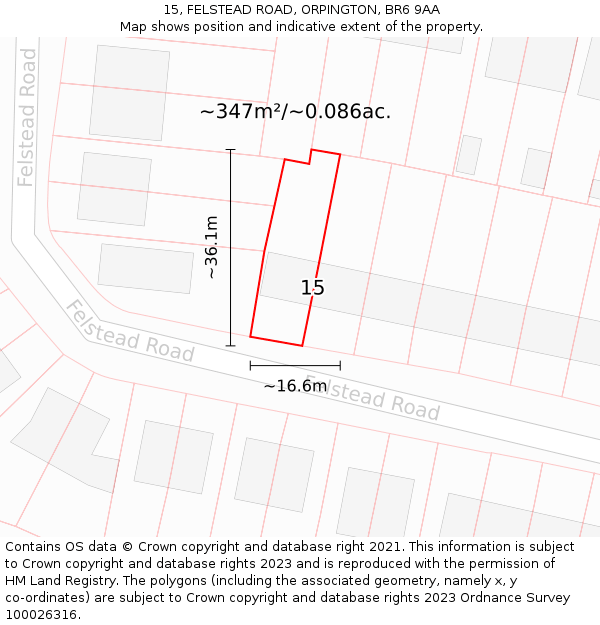 15, FELSTEAD ROAD, ORPINGTON, BR6 9AA: Plot and title map