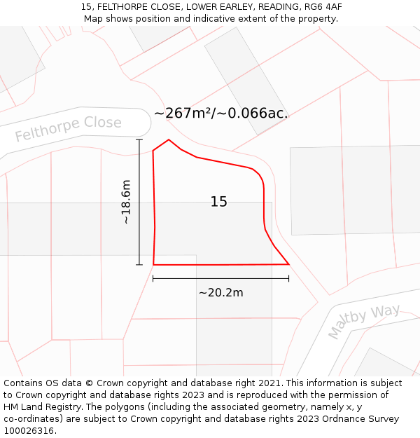 15, FELTHORPE CLOSE, LOWER EARLEY, READING, RG6 4AF: Plot and title map