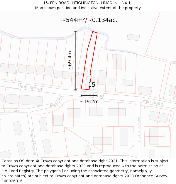 15, FEN ROAD, HEIGHINGTON, LINCOLN, LN4 1JL: Plot and title map